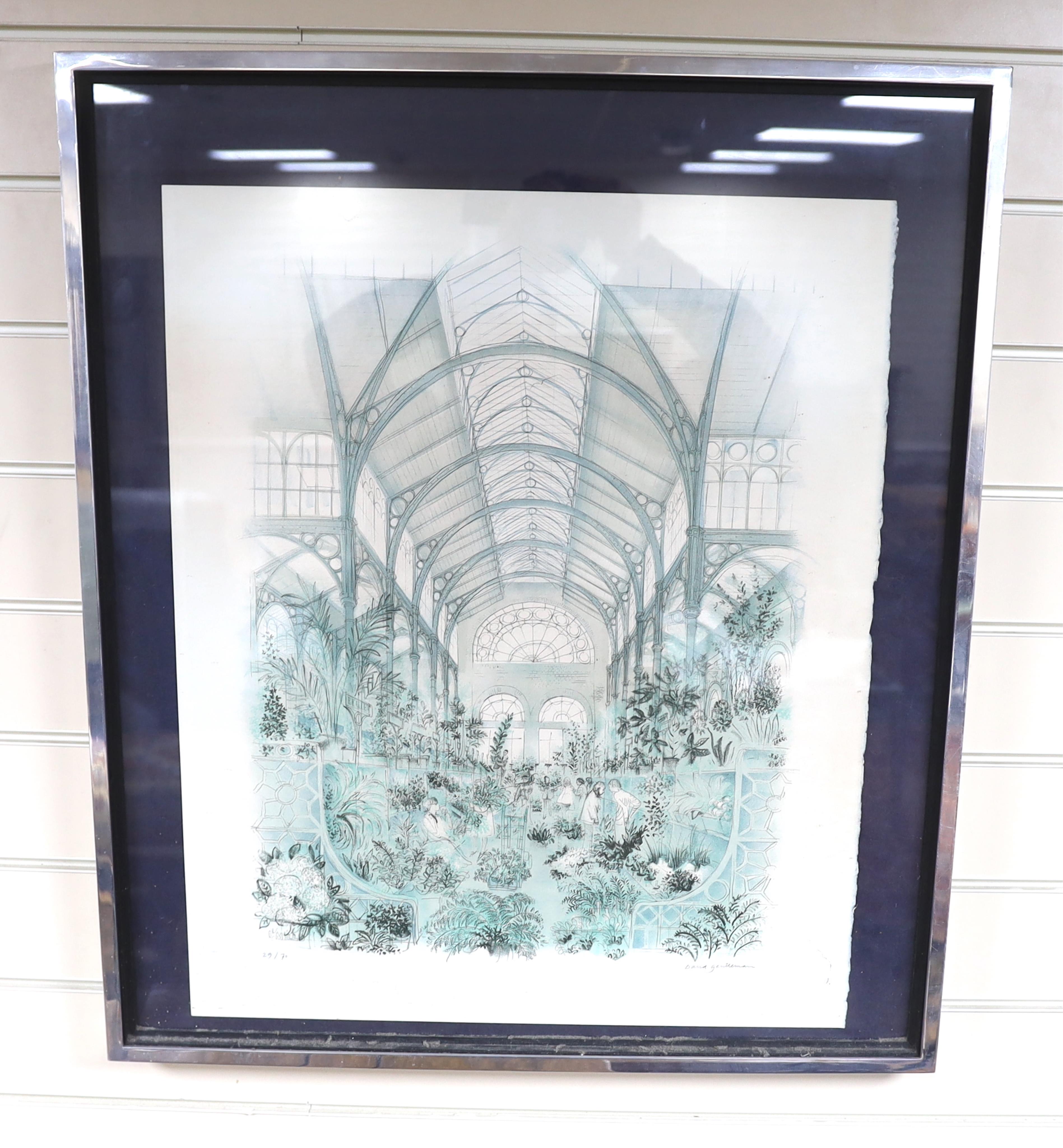 David Gentleman (b.1930), colour lithograph, ‘Covent Garden Flower Market’, signed in pencil, limited edition, 62 x 49cm